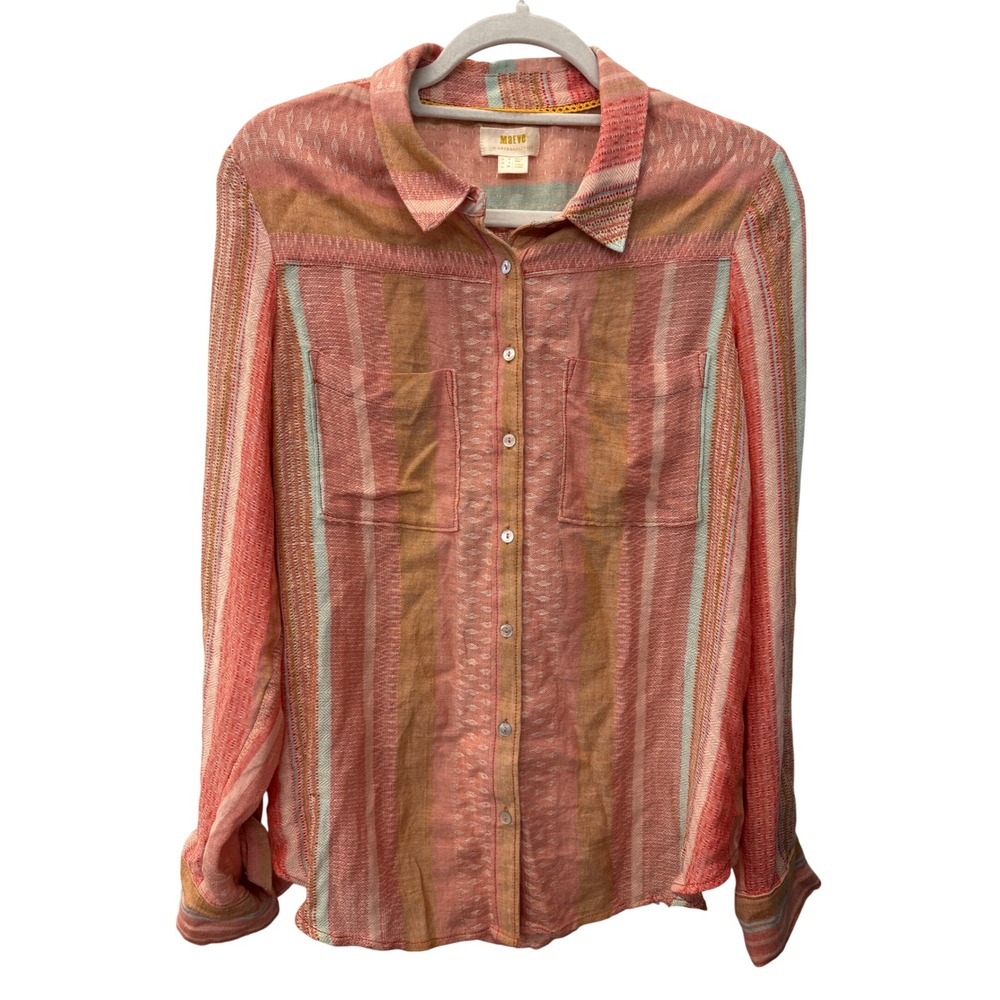 Maeve Anthropologie Striped Dobby Button Down Shirt Coral Multi Size 4